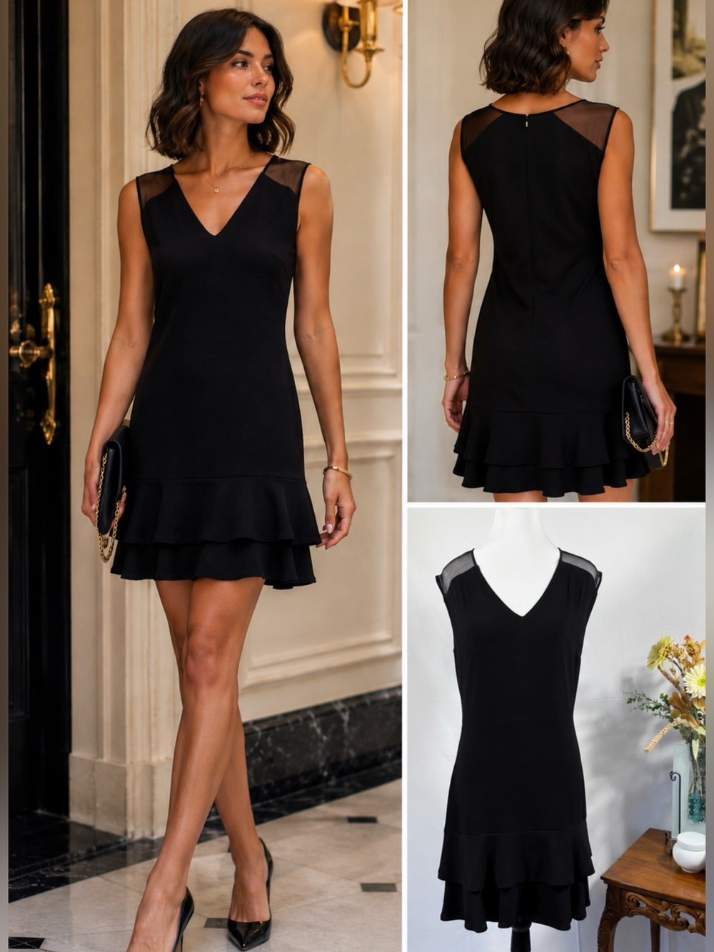 Sandro Paris Black Mesh Shoulder Tiered Ruffle Hem Mini Dress Sz 3 / L 💛
